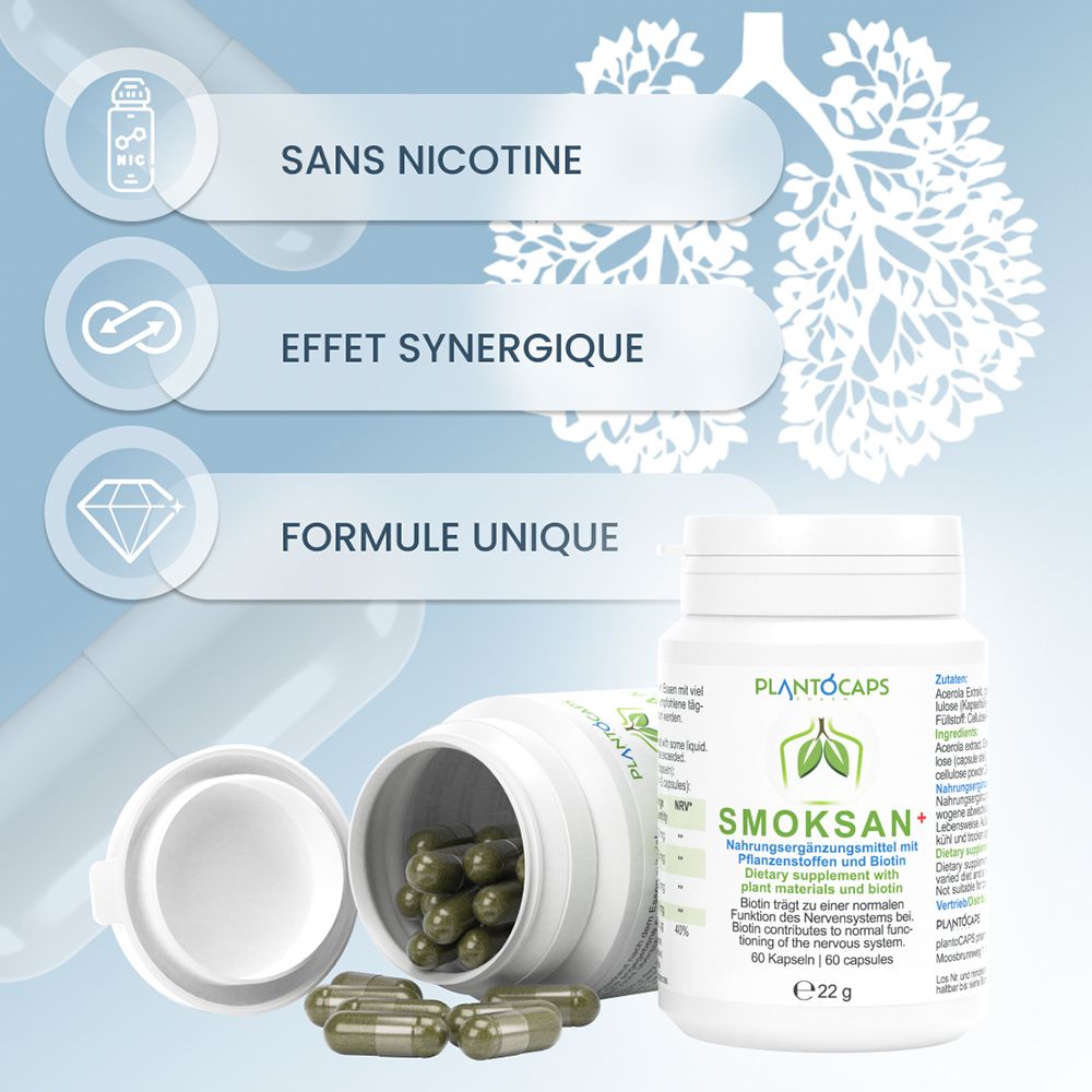 Boîte de capsules PlantoCaps SMOKSAN+, côté avec recommandation d'usage et ingrédients en français.