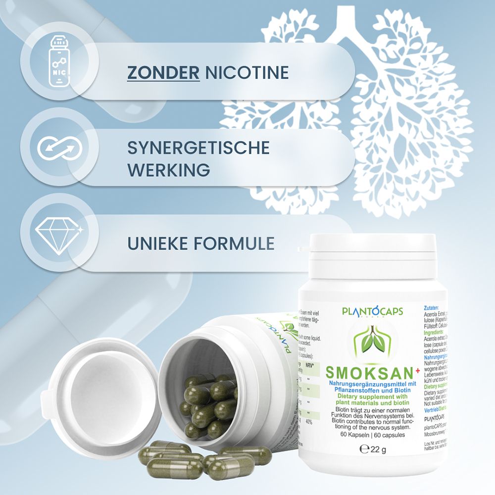 PlantoCaps SMOKSAN+ capsulefles, zijkant met Nederlandse aanbevolen dosering en ingrediënten.