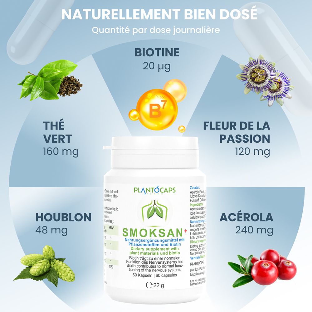 Boîte de capsules PlantoCaps SMOKSAN+ avec étiquetage français, informations nutritionnelles.