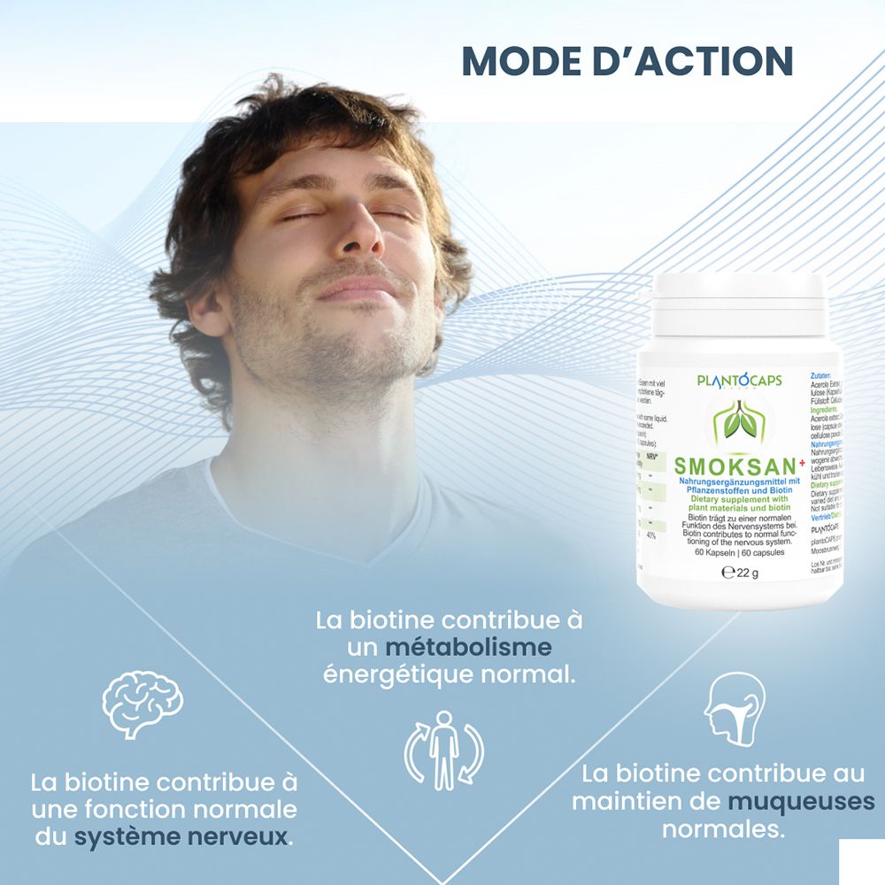 Boîte de capsules PlantoCaps SMOKSAN+, arrière avec tableau nutritionnel et ingrédients en français.