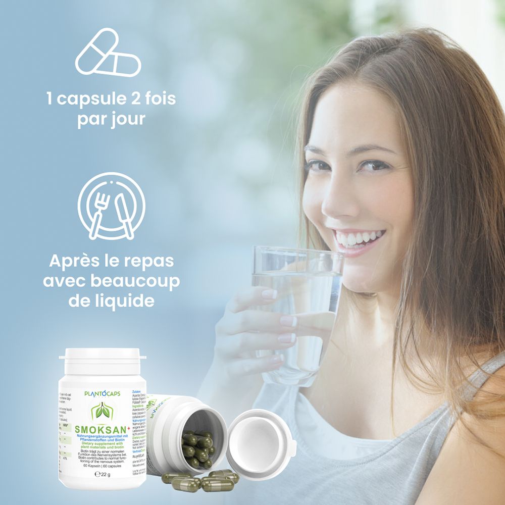 Boîte de capsules PlantoCaps SMOKSAN+ avec étiquetage français et logo.