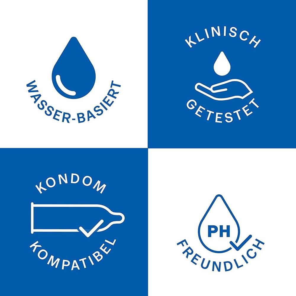 Symboles: À base d'eau, Testé cliniquement, Compatible préservatif, pH neutre.