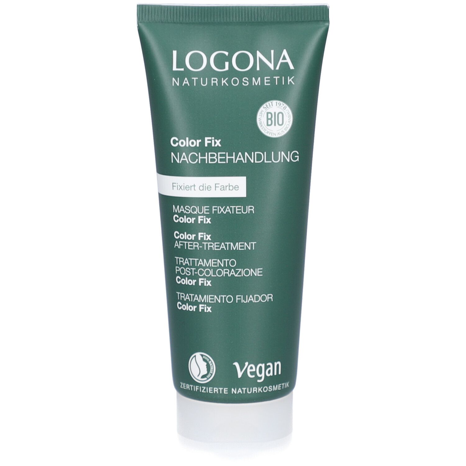 Tube verte avec bouchon blanc. Inscription: LOGONA Color Fix Nachbehandlung. Label Vegan.
