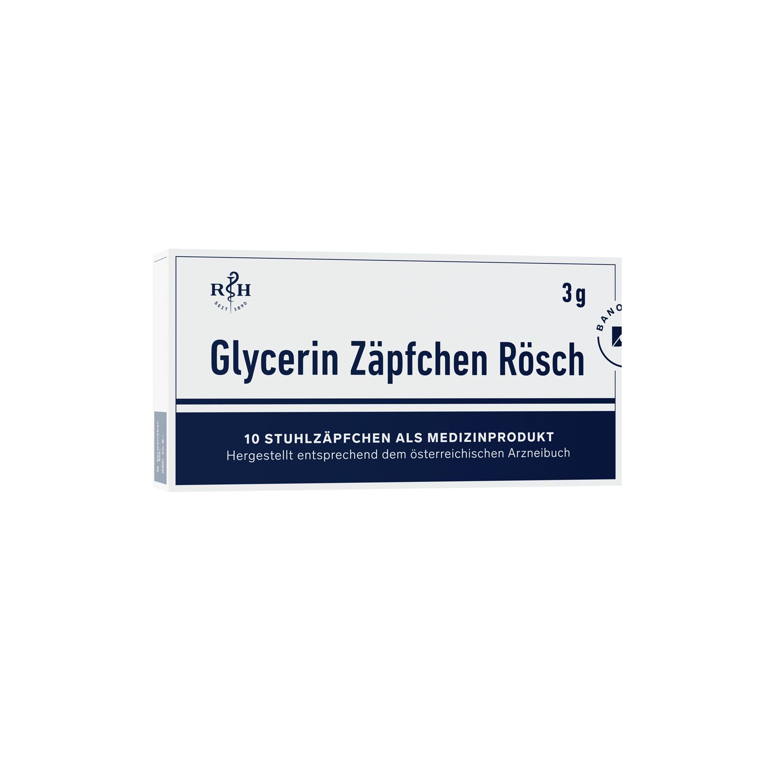 Verpakking Glycerin Zäpfchen Rösch, 3g. 10 zetpillen. Wit-blauwe verpakking met productinfo en logo.