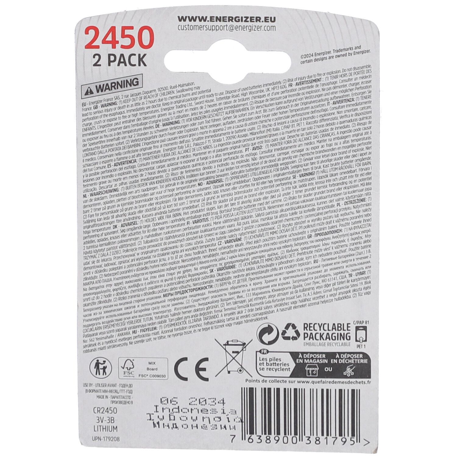 Piles Energizer CR2450 Lithium 3V 3B, pack de 2.