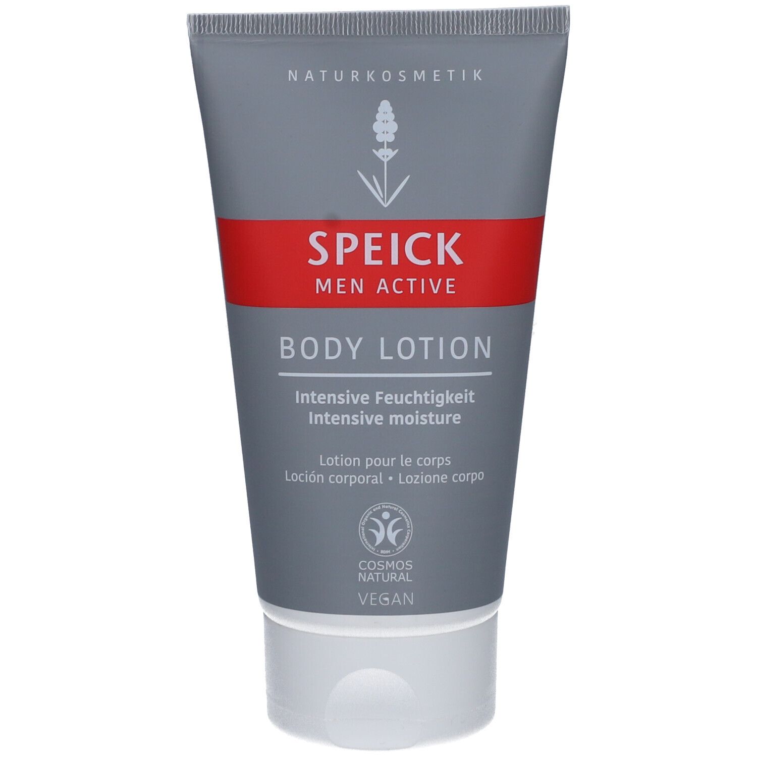 Grijze tube SPEICK Men Active Body Lotion. Rode band met tekst. Natuurcosmetica-label. Vegan.