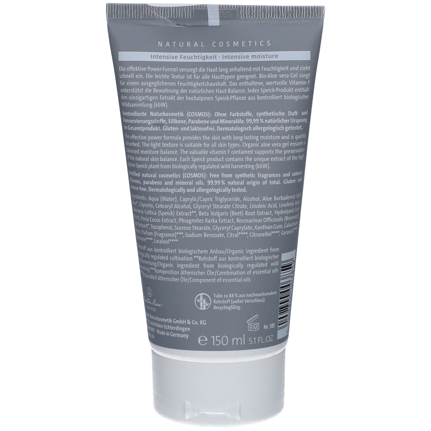 Achterkant van de grijze tube SPEICK Men Active Body Lotion. Meertalige tekst. Ingrediënten en certificeringen.