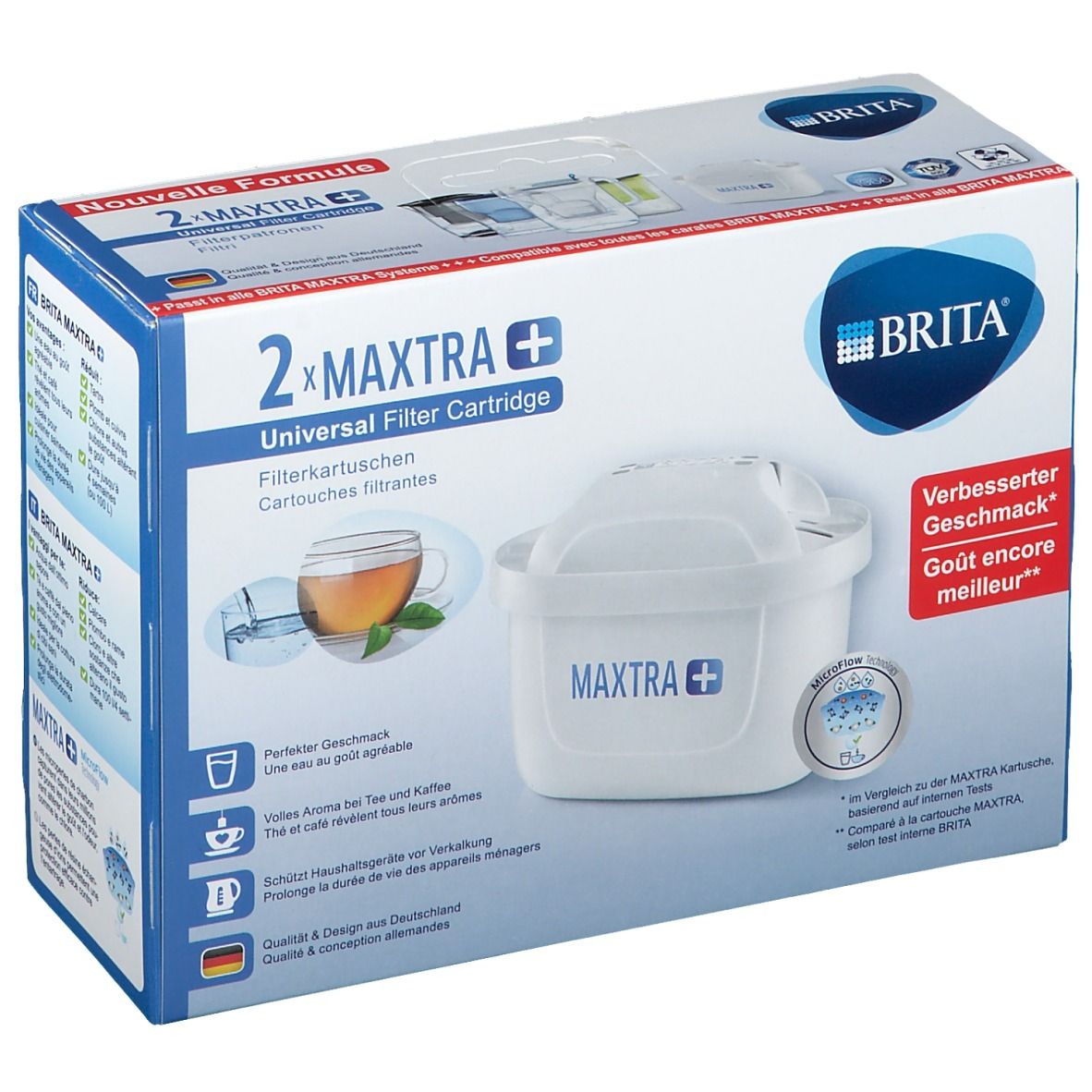 Emballage de 2 cartouches filtrantes MAXTRA+ universelles. Inscription: 2x MAXTRA+. Image d'une cartouche filtrante et d'une tasse de thé.