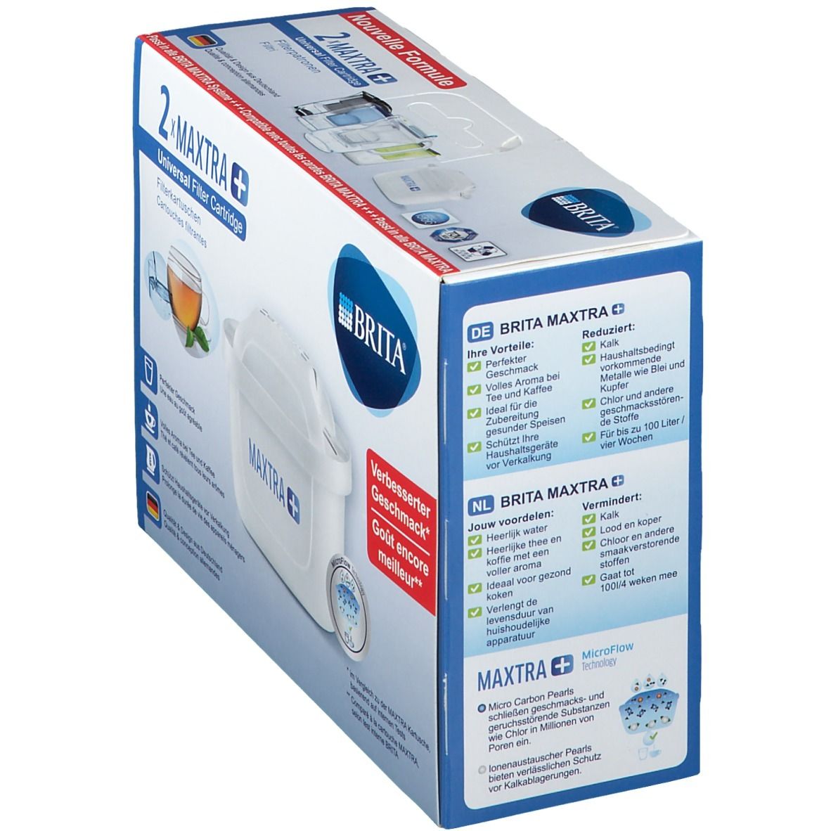 Emballage de cartouches filtrantes BRITA MAXTRA+. Avantages et caractéristiques en allemand et néerlandais sur le côté.