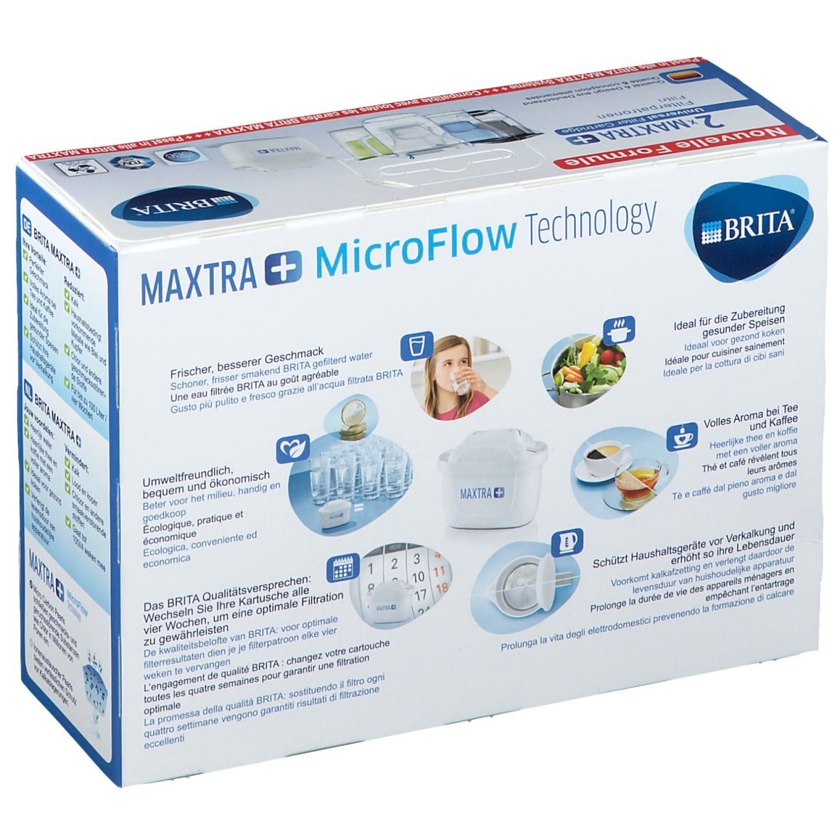 Emballage de cartouches filtrantes BRITA MAXTRA+ MicroFlow Technology. Images d'eau, thé, légumes et une personne buvant.