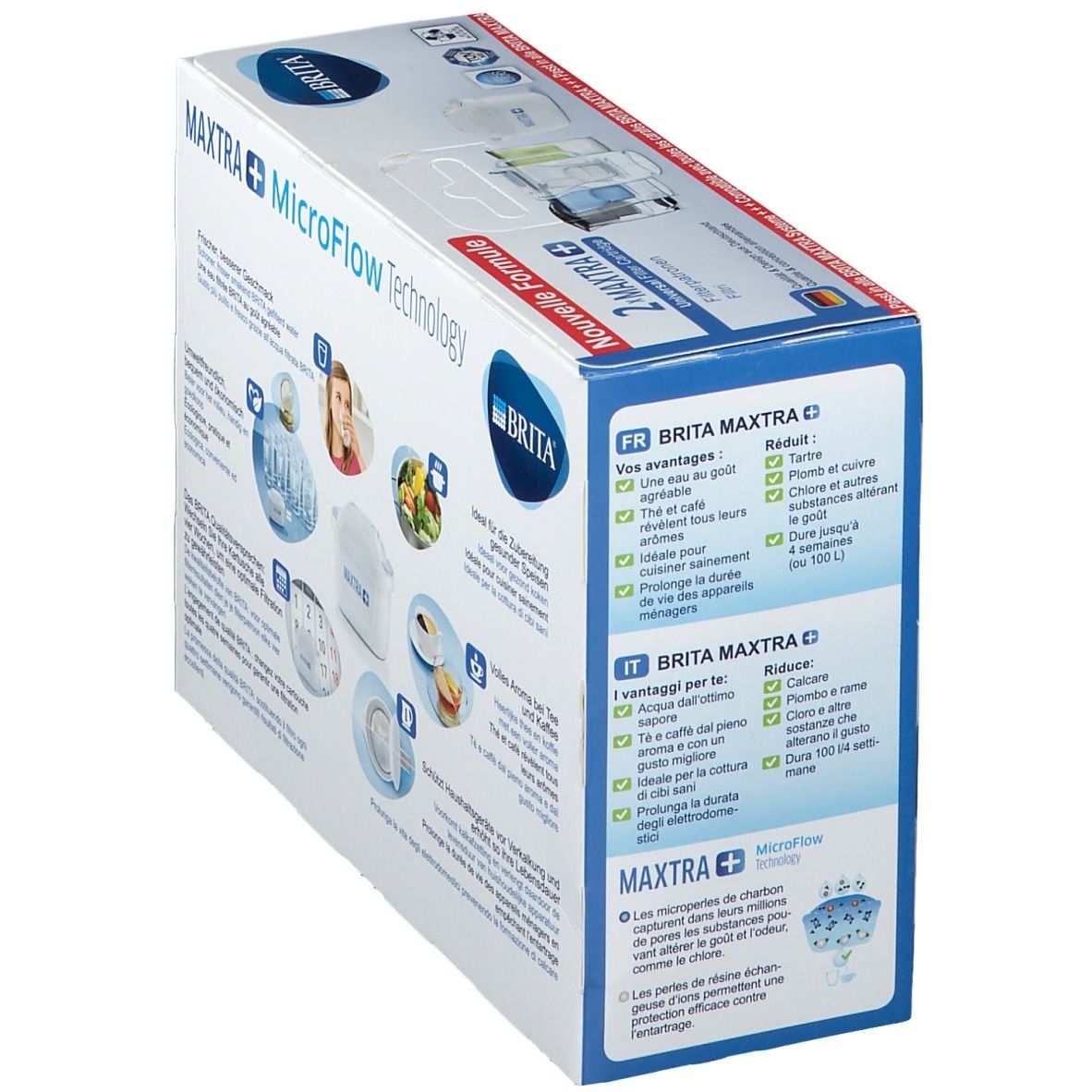 Emballage de cartouches filtrantes BRITA MAXTRA+ MicroFlow Technology. Avantages en français et italien sur le côté.