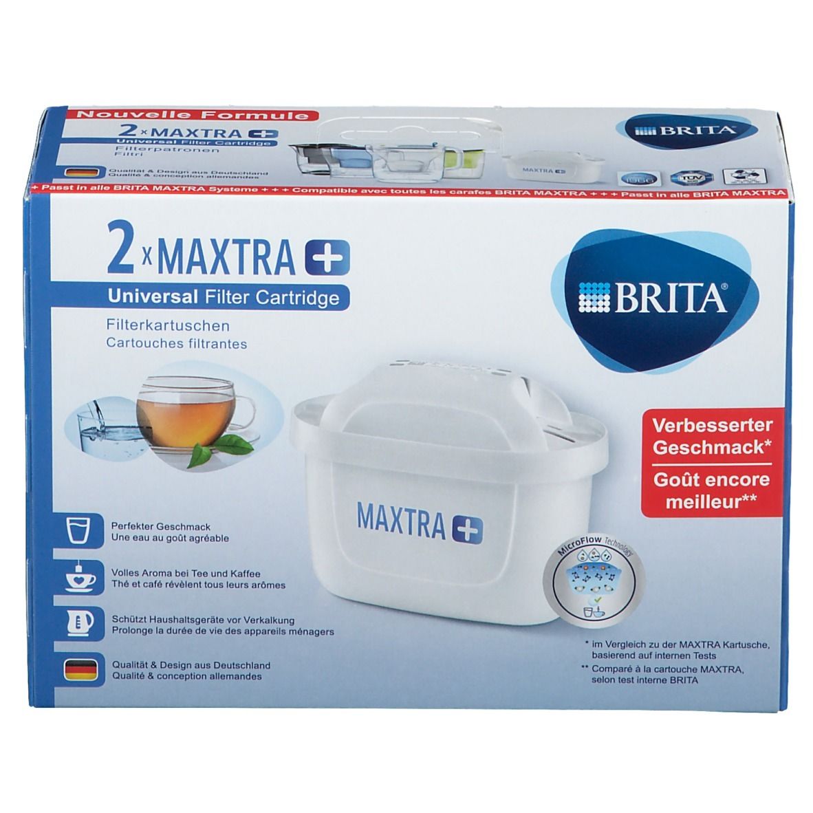 Emballage de 2 cartouches filtrantes MAXTRA+ universelles. Inscription: 2x MAXTRA+. Image d'une cartouche filtrante et d'une tasse de thé.