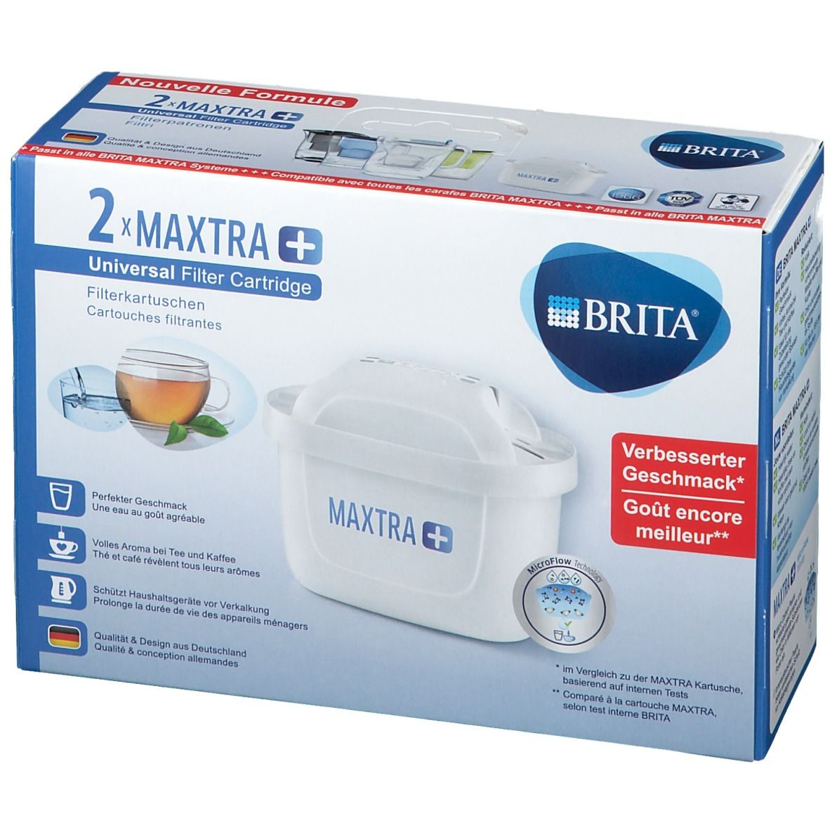 Emballage de 2 cartouches filtrantes MAXTRA+ universelles. Inscription: 2x MAXTRA+. Image d'une cartouche filtrante et d'une tasse de thé.