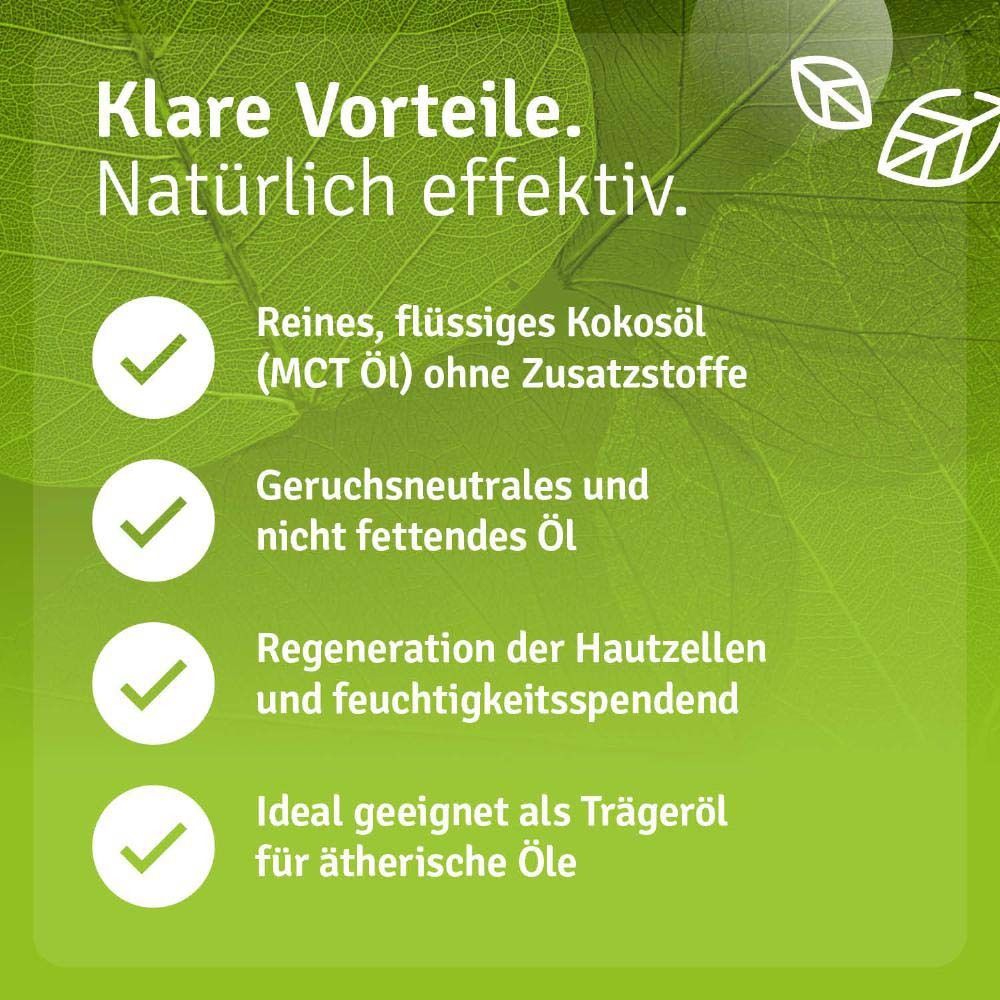 Fond vert avec texte. Huile de coco pure, inodore, régénérante, idéale pour les huiles essentielles.