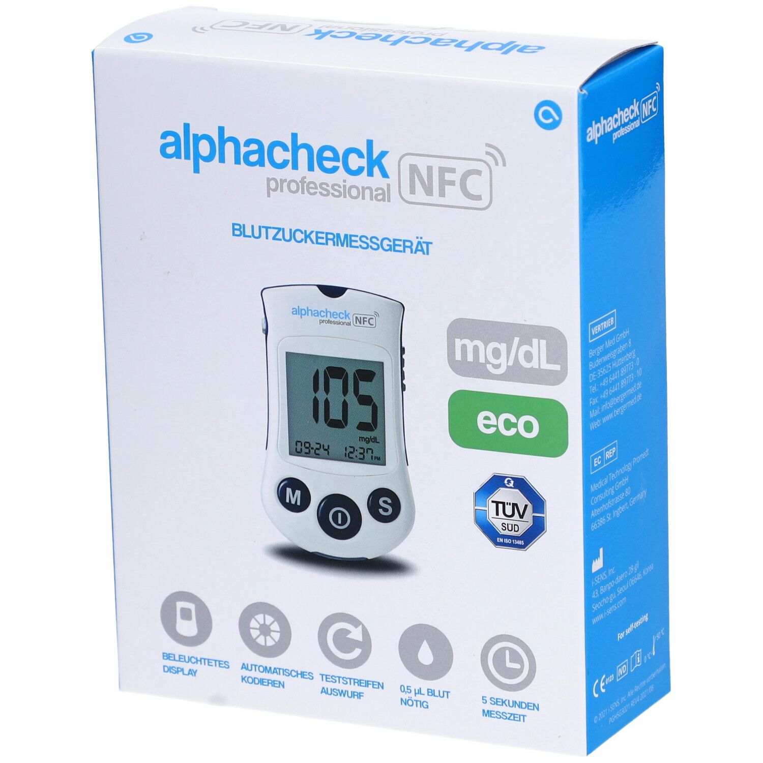 Boîte de l'appareil de mesure de la glycémie Alphacheck professional NFC. Appareil avec écran, mg/dL, eco et le logo TÜV SÜD.