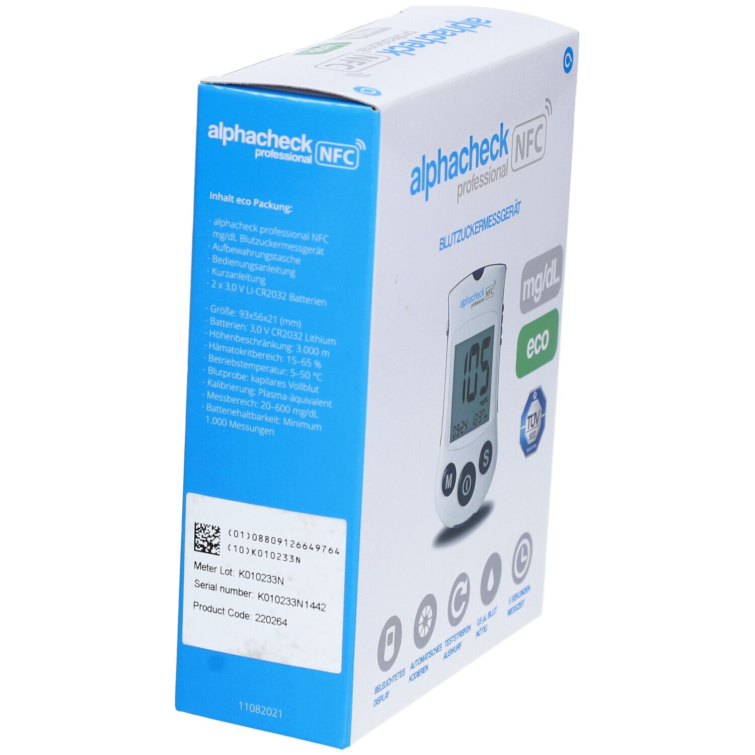 Boîte de l'appareil de mesure de la glycémie Alphacheck professional NFC. Contient des informations sur le contenu, les dimensions, les piles et le numéro de lot.