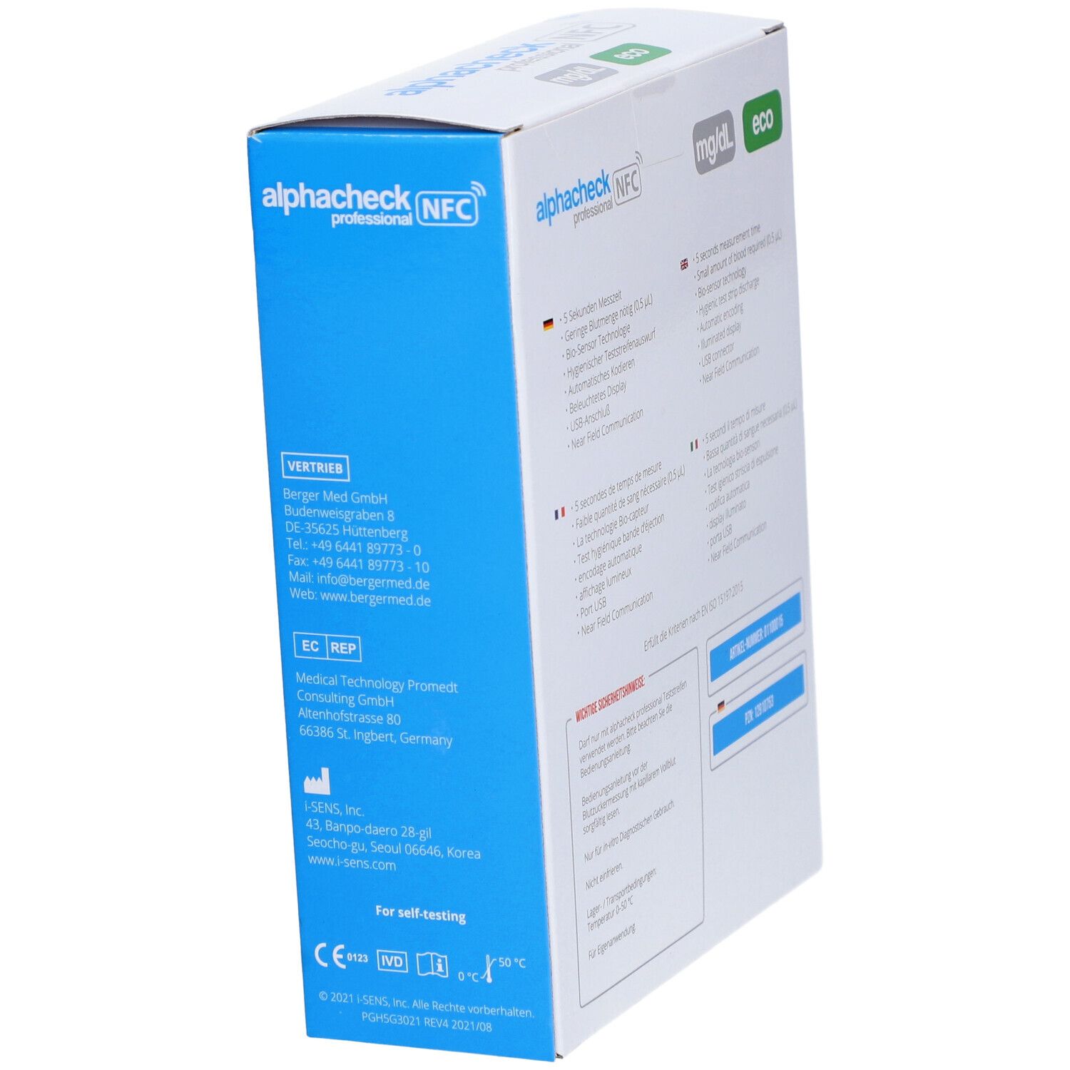 Côté de la boîte Alphacheck professional NFC. Informations sur le fabricant, la distribution et le marquage CE.