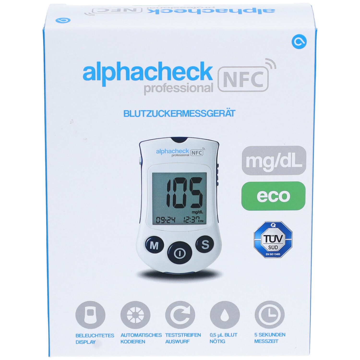 Boîte de l'appareil de mesure de la glycémie Alphacheck professional NFC. Appareil avec écran, mg/dL, eco et le logo TÜV SÜD.
