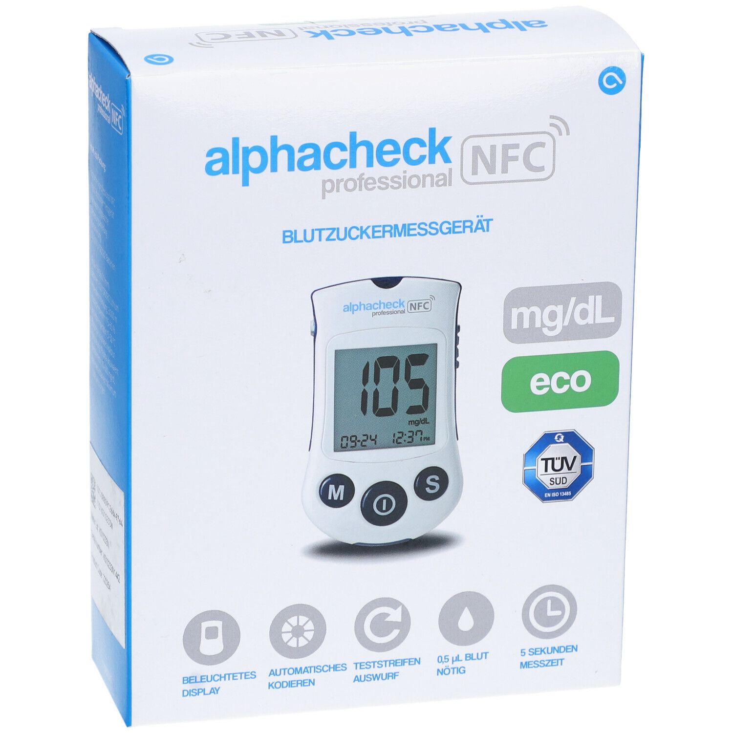 Boîte de l'appareil de mesure de la glycémie Alphacheck professional NFC. Appareil avec écran, mg/dL, eco et le logo TÜV SÜD.