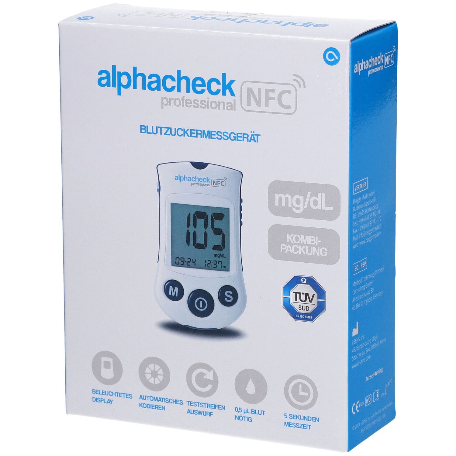 Verpakking van alphacheck professional NFC. Bloedglucosemeter met display. TÜV-keurmerk. Combi-verpakking.
