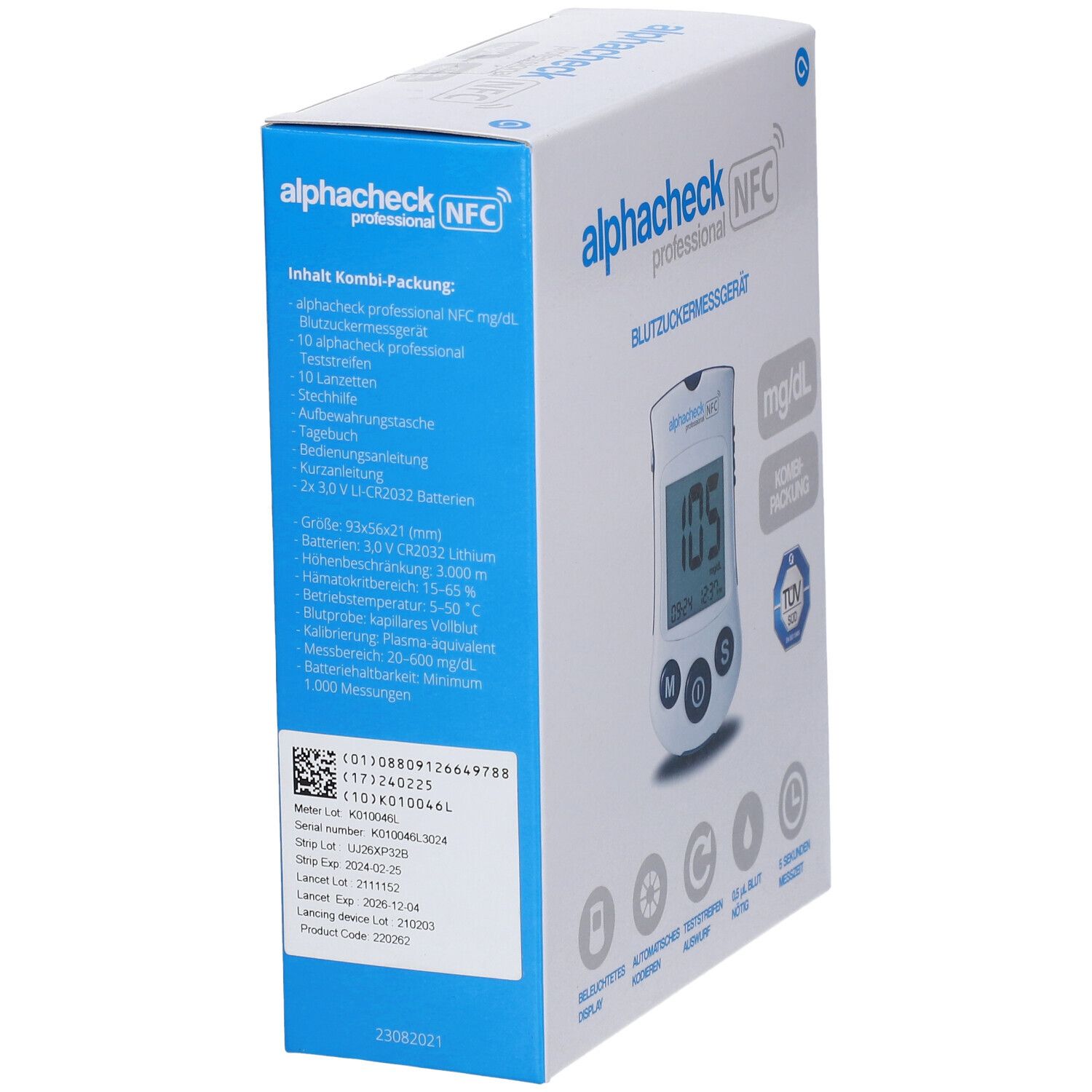 Verpakking van alphacheck professional NFC. Productinformatie en specificaties. Streepjescode en batchnummer.