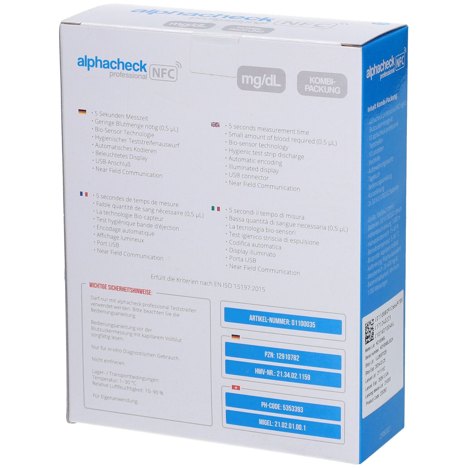 Achterkant van de verpakking van alphacheck professional NFC. Productkenmerken in het Duits, Frans, Italiaans.