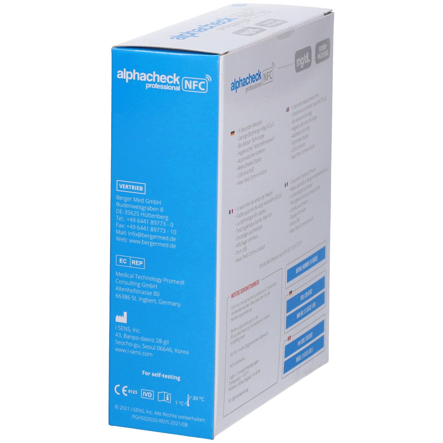 Zijaanzicht van de verpakking van alphacheck professional NFC. Fabrikantinformatie en certificeringen.