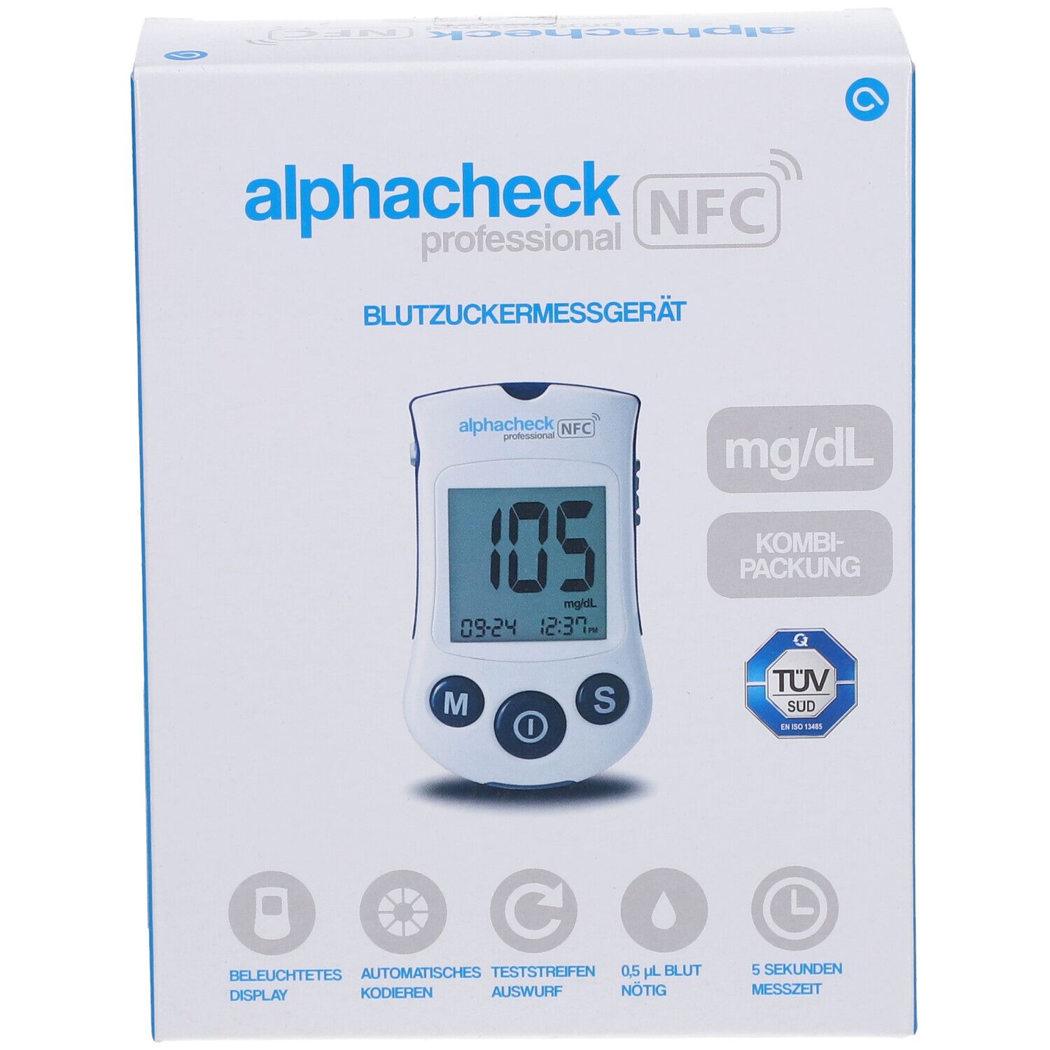 Verpakking van alphacheck professional NFC. Bloedglucosemeter met display. Combi-verpakking. TÜV-keurmerk.