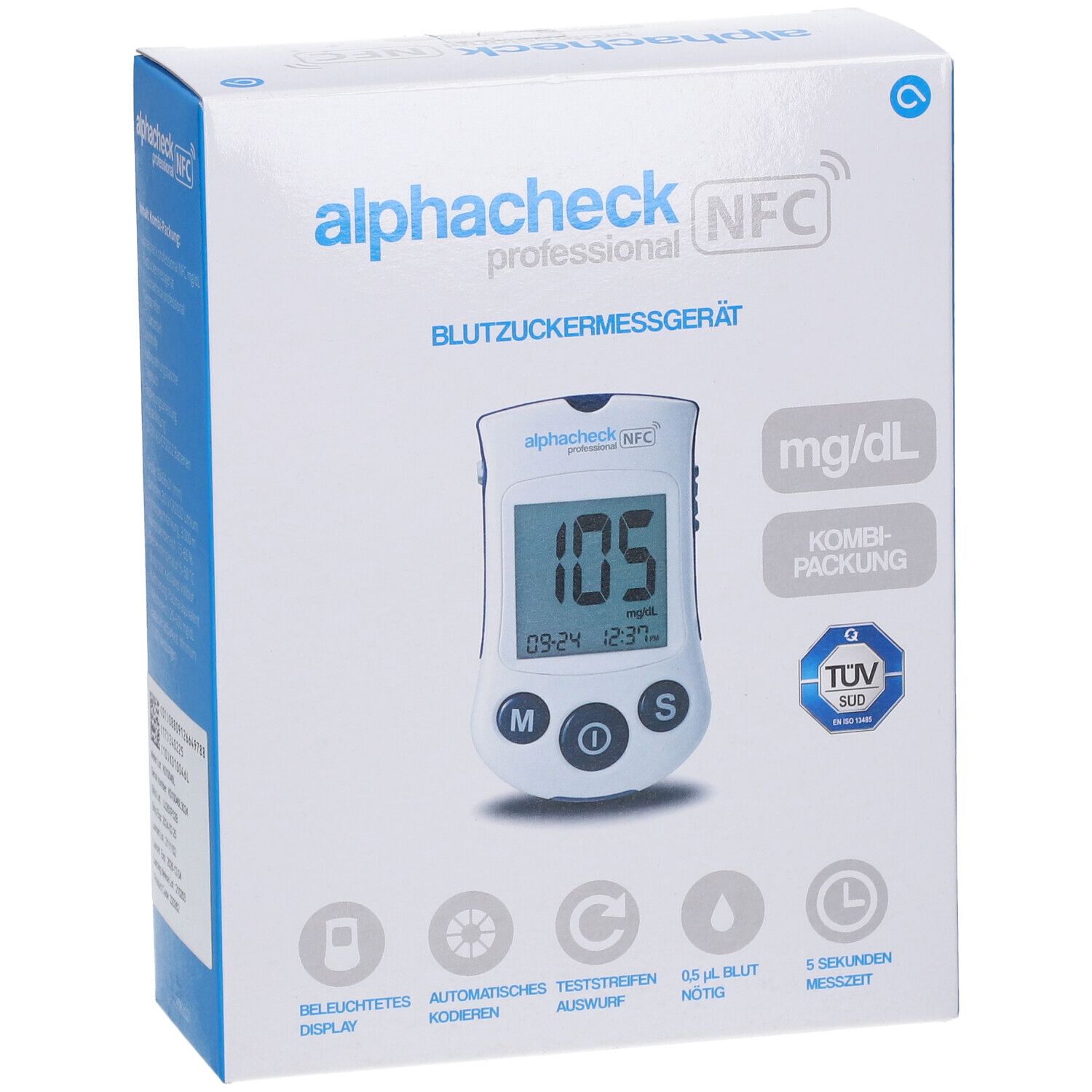 Verpakking van alphacheck professional NFC. Bloedglucosemeter met display. Combi-verpakking. TÜV-keurmerk.