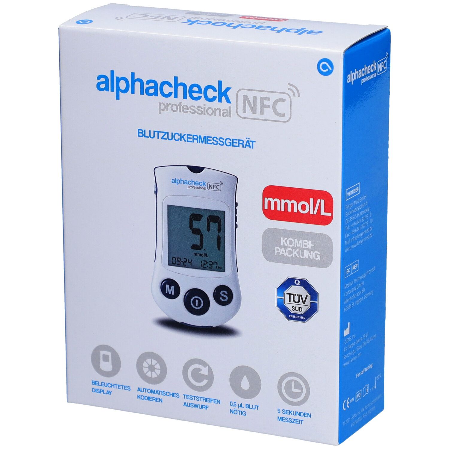Verpakking ALPHACHECK® professional bloedglucosemeter. Apparaat met display, 57, mmol/L, Kombipackung, TÜV SÜD.
