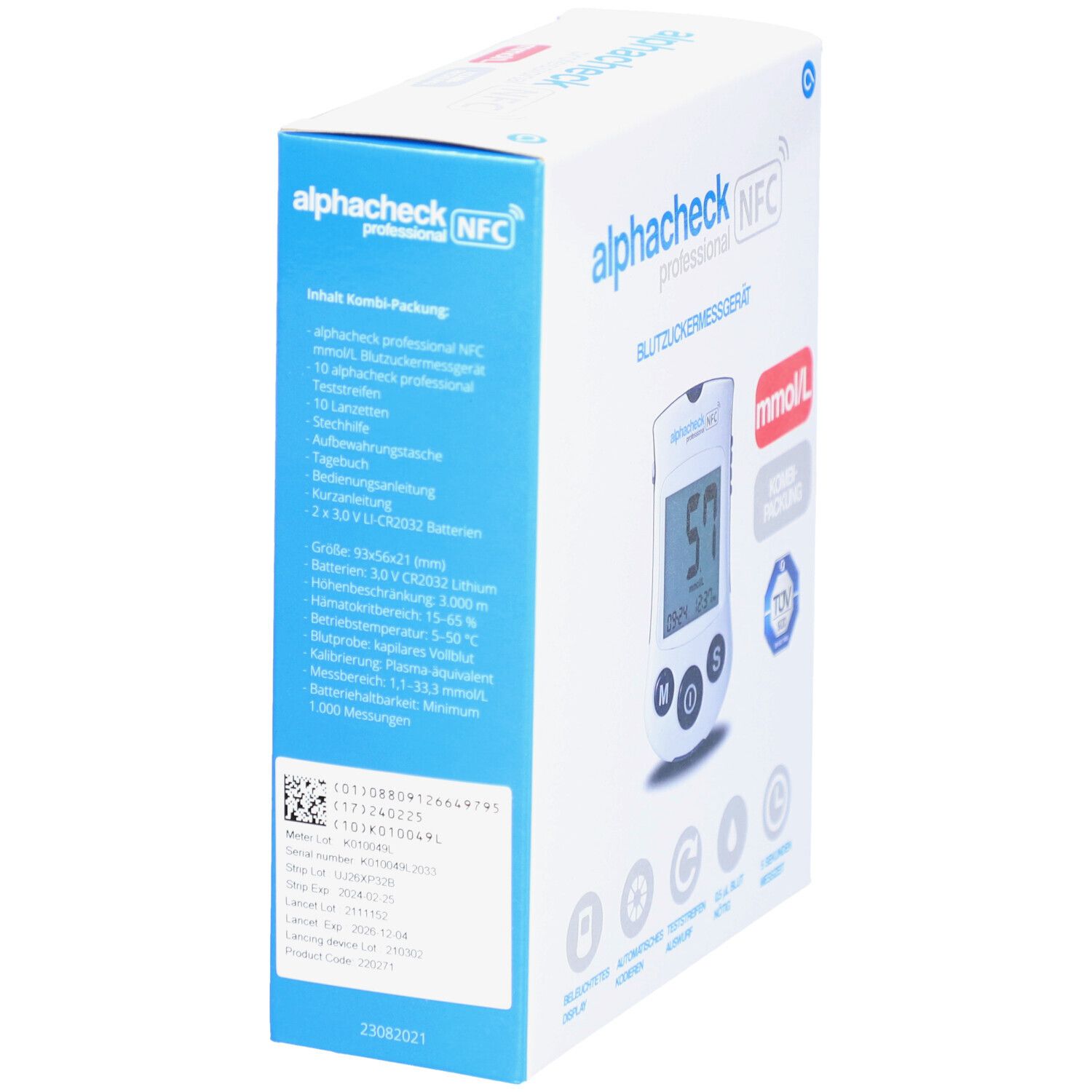 Verpakking ALPHACHECK® professional. Zijaanzicht met productinformatie en barcode.