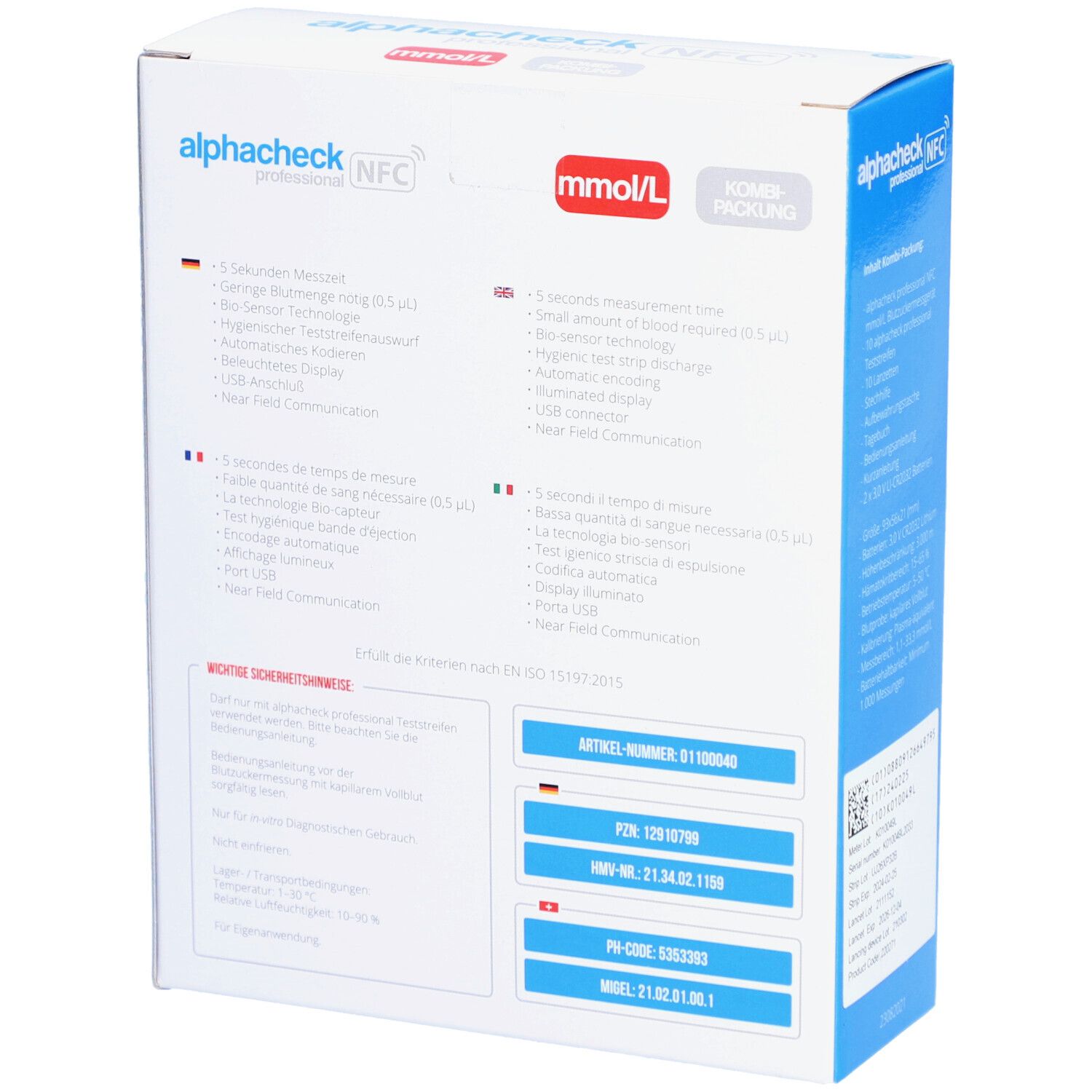 Achterkant verpakking ALPHACHECK® professional. Productkenmerken in het Duits, Engels, Frans.