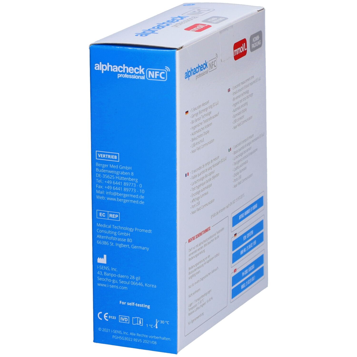 Verpakking ALPHACHECK® professional. Zijaanzicht met fabrikant- en distributeur informatie.