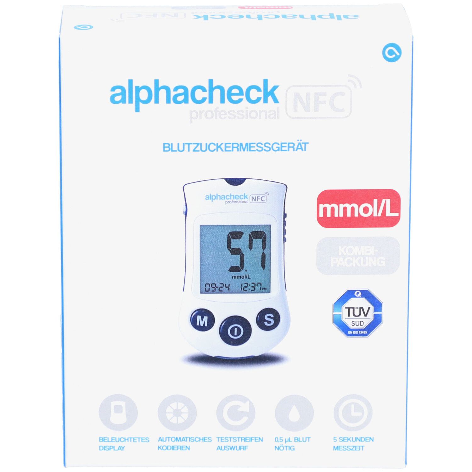 Verpakking ALPHACHECK® professional bloedglucosemeter. Apparaat met display, 57, mmol/L, Kombipackung, TÜV SÜD.