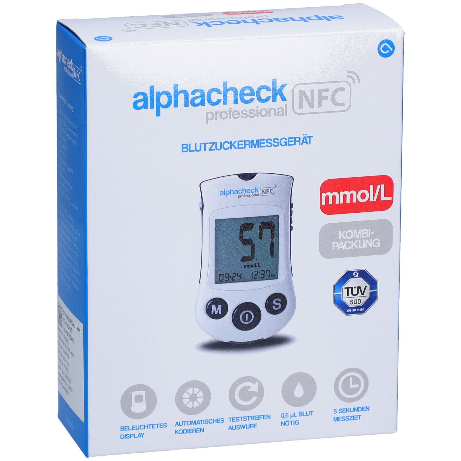 Verpakking ALPHACHECK® professional bloedglucosemeter. Apparaat met display, 57, mmol/L, Kombipackung, TÜV SÜD.