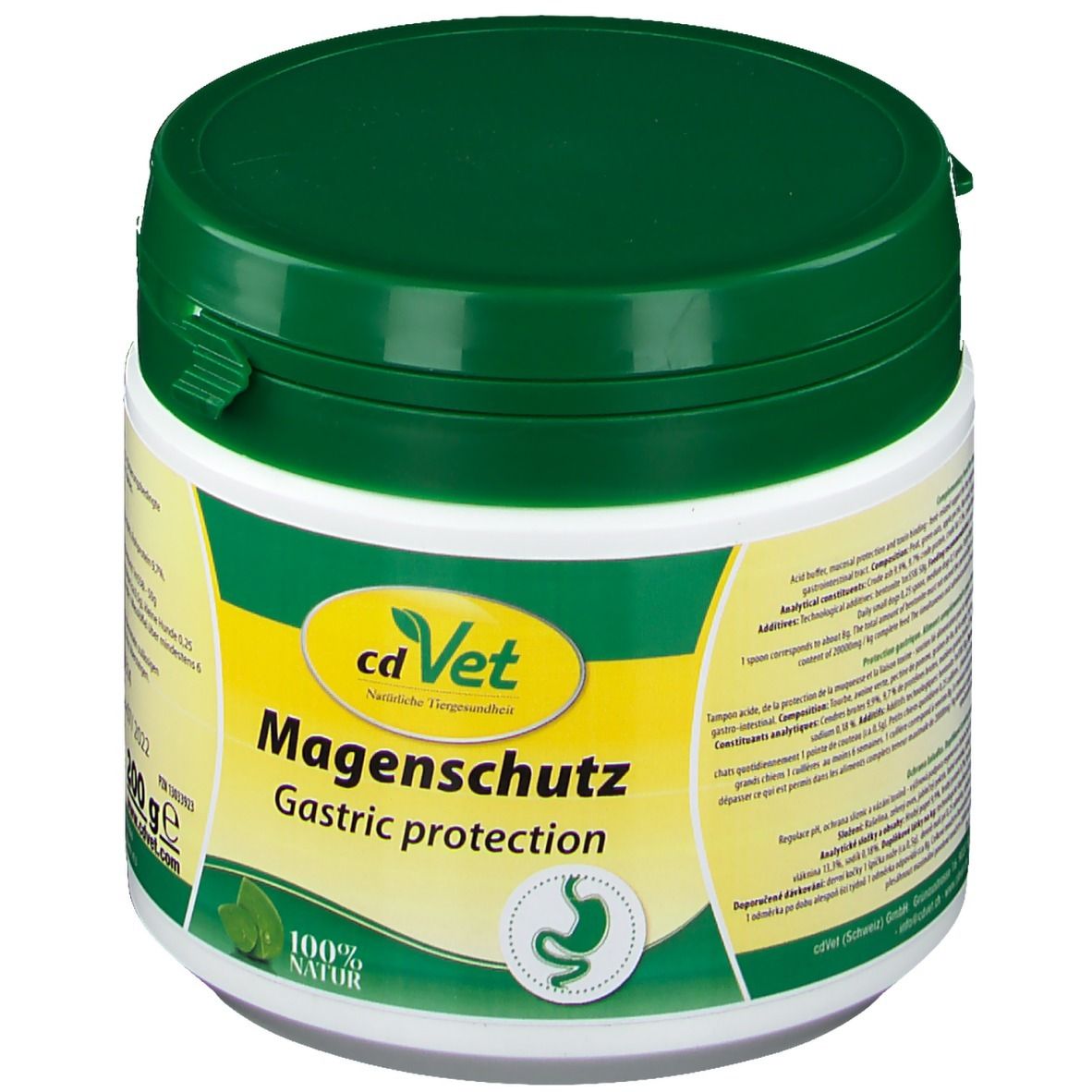 Witte pot met groen deksel. Opschrift: cdVet Magenschutz, Gastric protection. Logo: maagsymbool. 100% natuur.