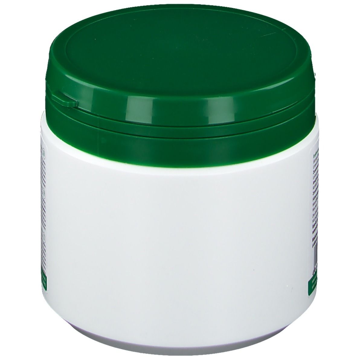 Witte pot met groen deksel. Leeg zijoppervlak. Kleine groene sticker.