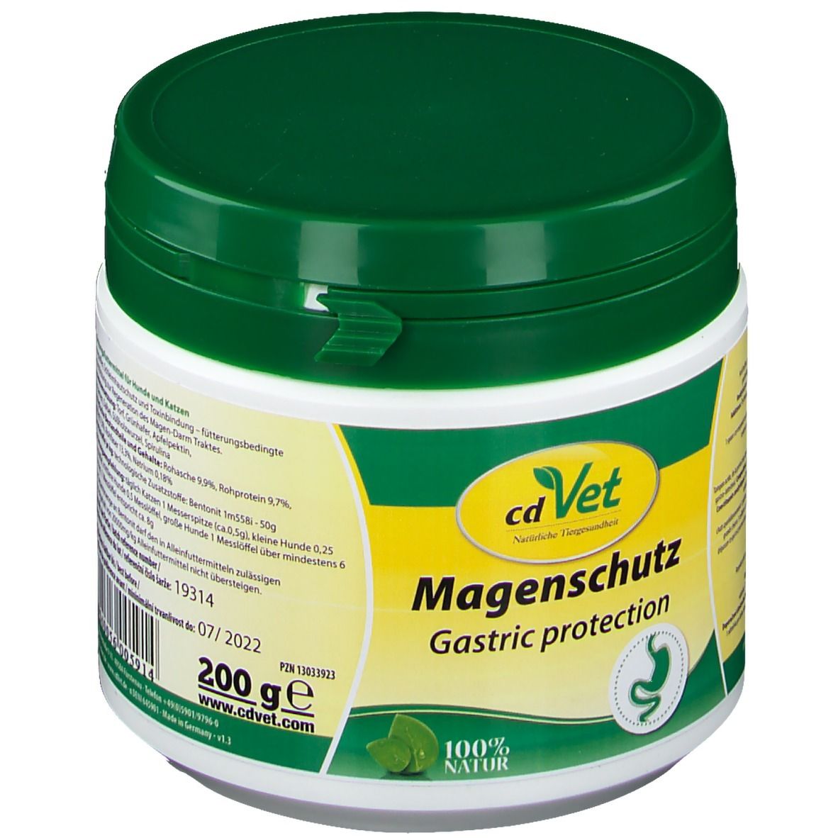 Witte pot met groen deksel. Opschrift: cdVet Magenschutz, Gastric protection. Logo: maagsymbool. 100% natuur. 200g.