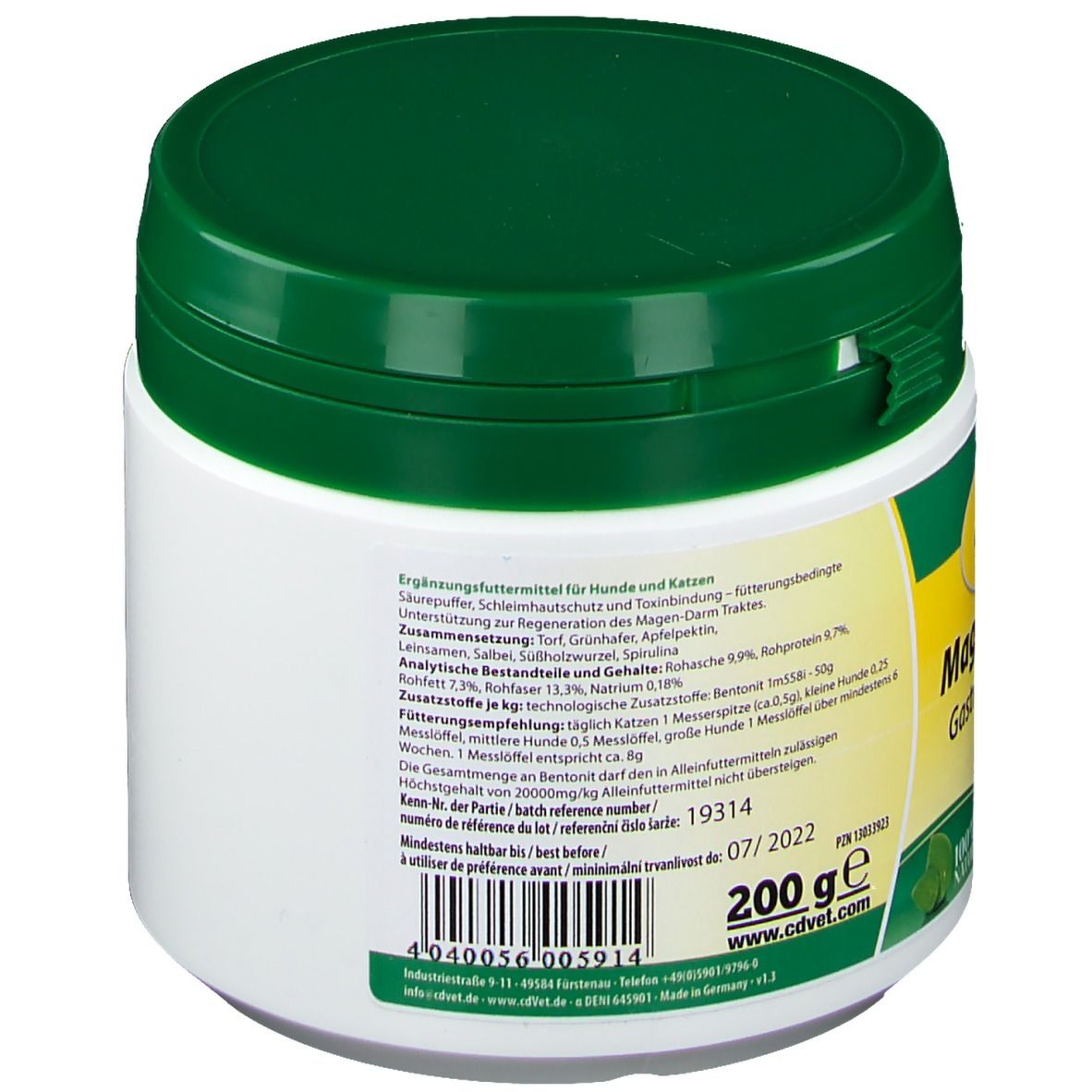 Witte pot met groen deksel. Achterkant met tekst en barcode. Opschrift: aanvullend diervoeder voor honden en katten. 200g.
