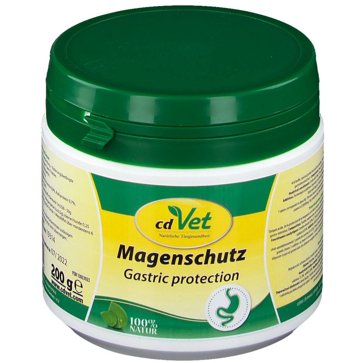 Witte pot met groen deksel. Opschrift: cdVet Magenschutz, Gastric protection. Logo: maagsymbool. 100% natuur.