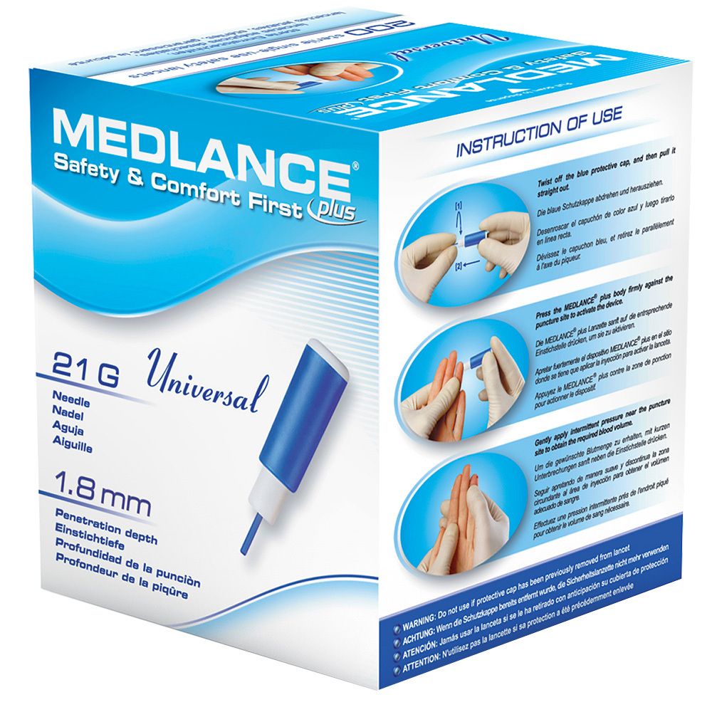 Verpakking MEDLANCE plus Universal lancetten. Blauwe lancet, 21G, 1,8 mm. Gebruiksaanwijzing.