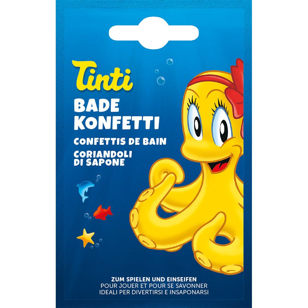 Blauwe en gele verpakking met "Tinti Bade Konfetti" en octopus illustratie. Bevat badconfetti.