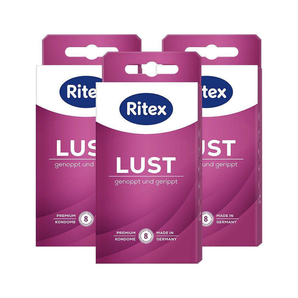 Drie verpakkingen Ritex LUST condooms. Elke verpakking bevat 8 condooms. Paarse en witte verpakking met merklogo.