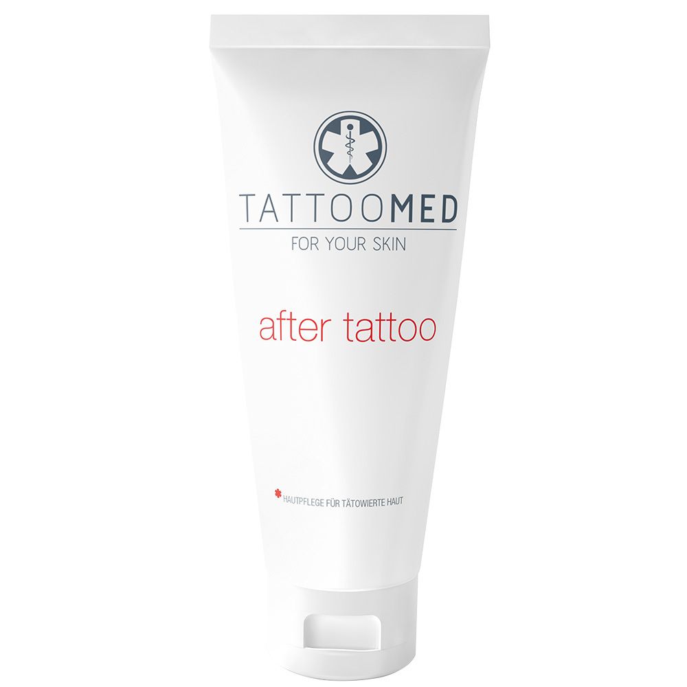 Tube blanc avec logo "TattooMed" et texte "after tattoo". Produit pour peau tatouée.