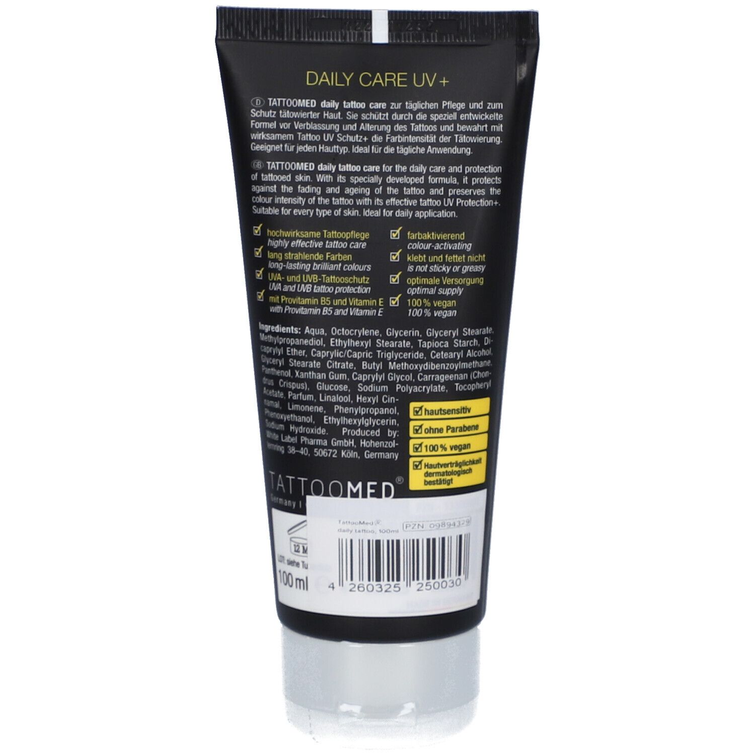 Dos du tube TattooMed daily tattoo care. Fond noir, texte blanc. Ingrédients et logos.
