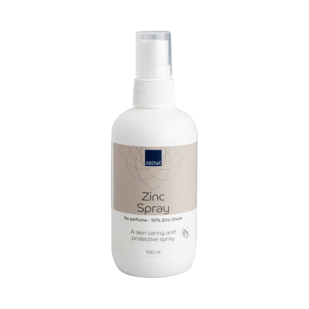 Witte sprayfles ABENA Zinc Spray, 10% zinkoxide. 100 ml. Zonder parfum. Voor de huid.
