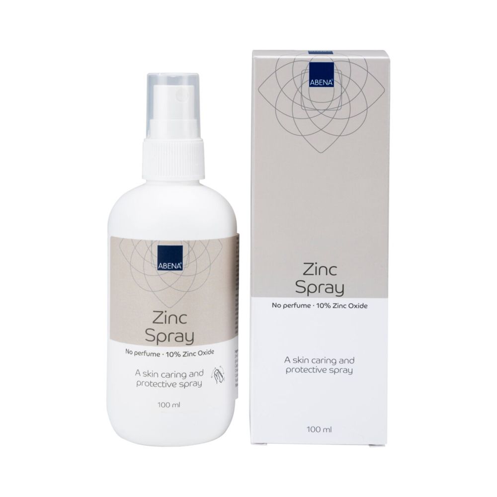 ABENA Zinkspray en verpakking. Witte fles met spraykop en doos. 10% zinkoxide, 100 ml.