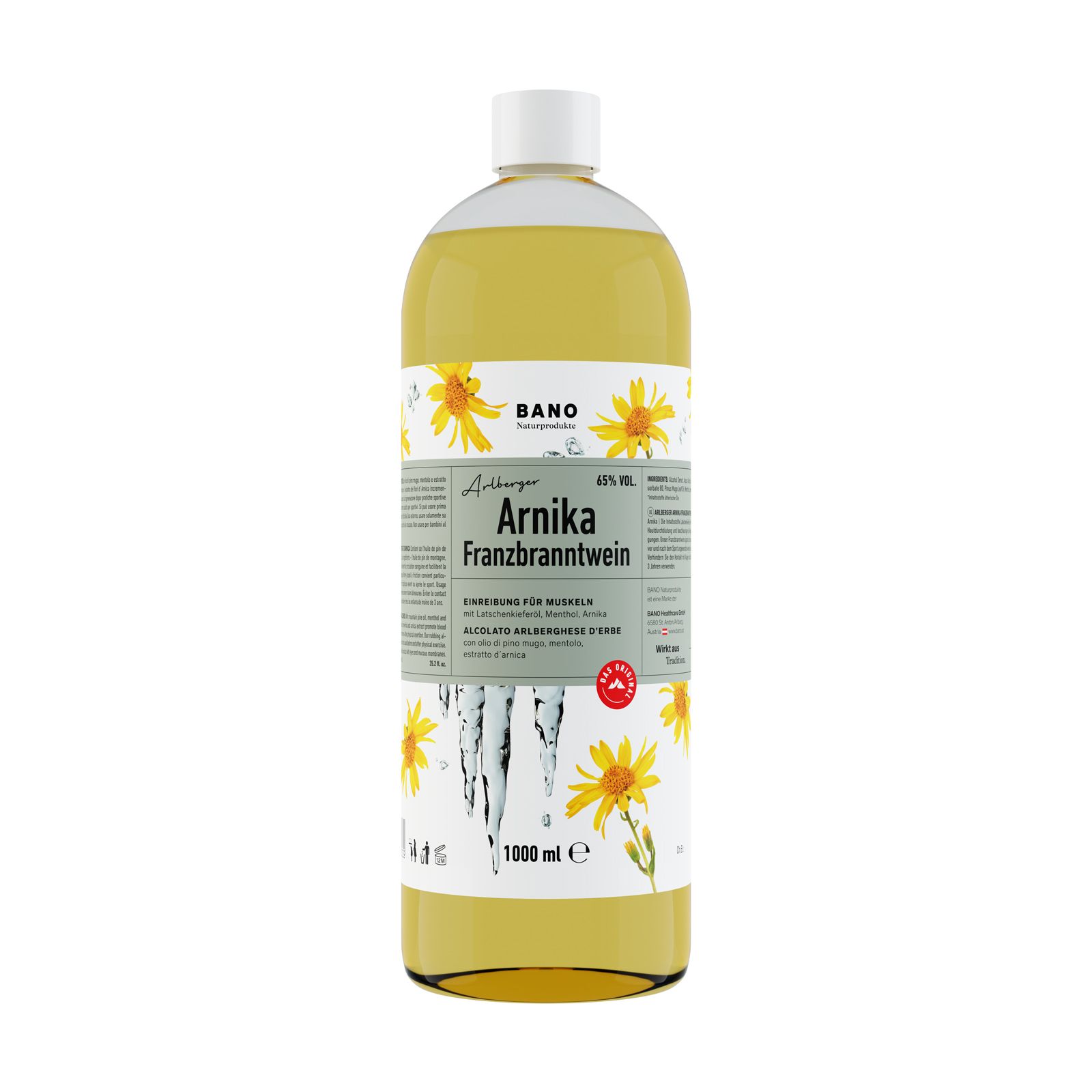 BANO Arlberger Arnika Franzbranntwein. Fles met gele vloeistof, witte dop en etiket met tekst en bloemen.