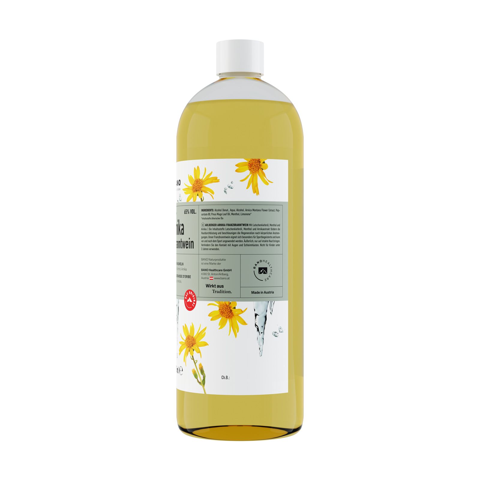 BANO Arlberger Arnika Franzbranntwein. Fles met gele vloeistof, witte dop en etiket met tekst.