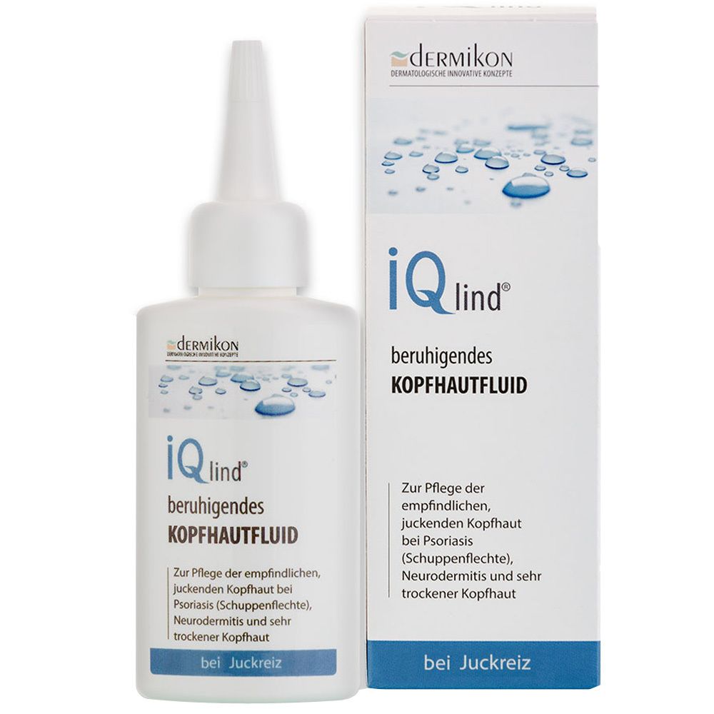 iQlind fluide apaisant pour le cuir chevelu. Flacon blanc avec embout applicateur et boîte. Inscription : dermikon, iQlind, Kopfhautfluid.